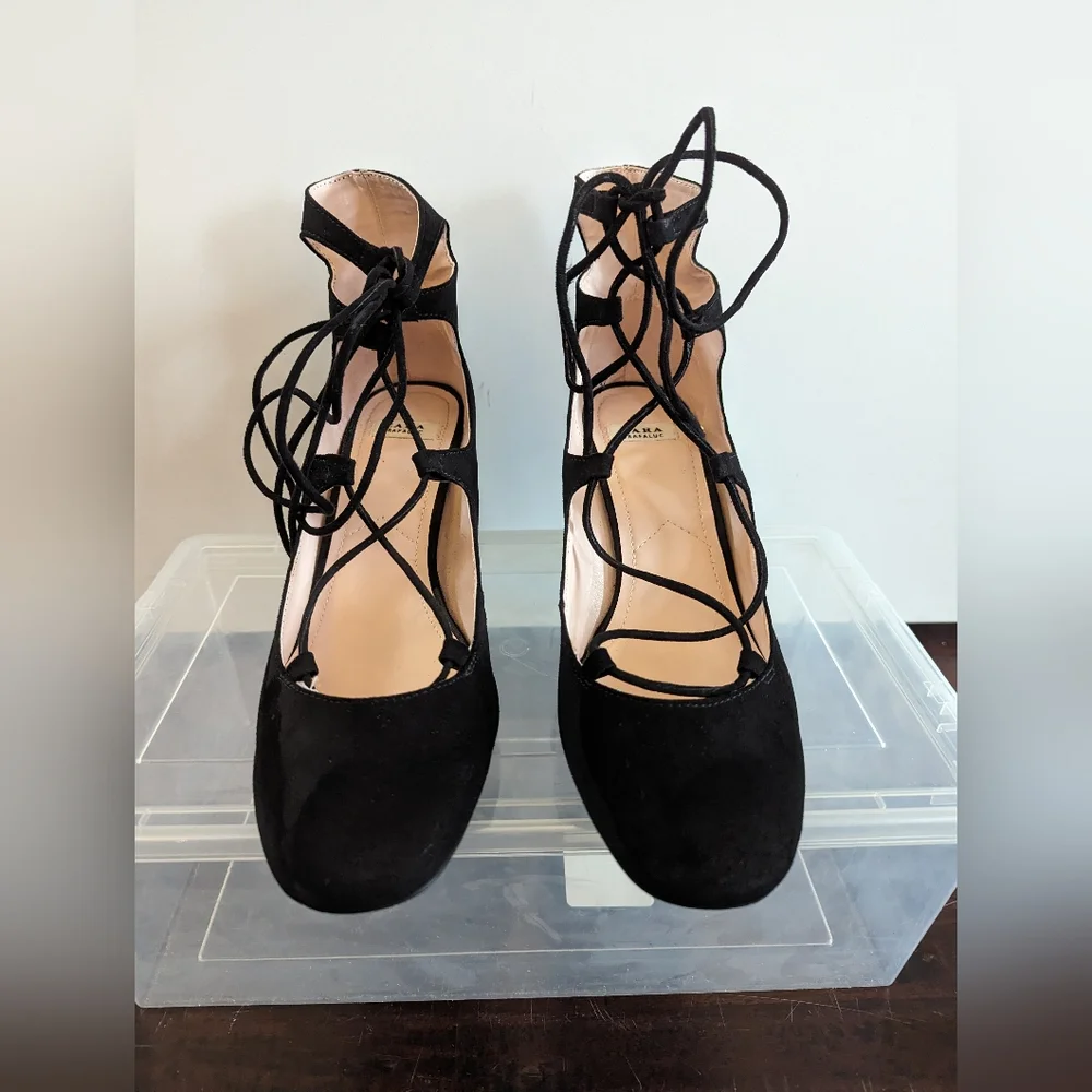 Zara Lace up Black Suede Heels - Picture 8 of 9